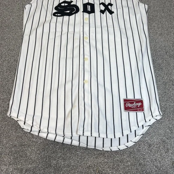 Sox Jersey Mens Medium White Black Baseball Pinstripe Button Front 18 Sleeveless - Picture 2 of 13